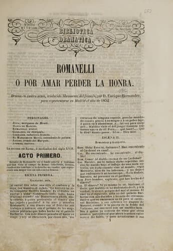 Romanelli; ó, Por amar perder la honra: drama en cuatro actos