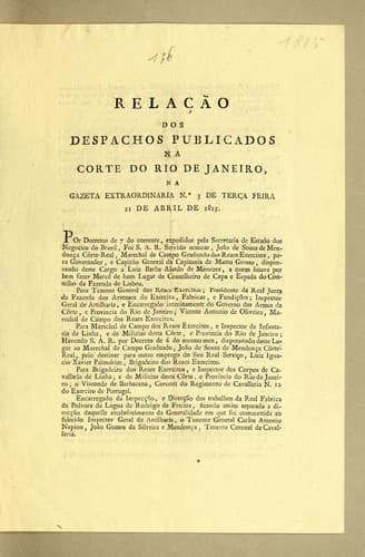 Relação dos despachos publicados na corte do Rio de Janeiro, na Gazeta extraordinaria n.o 3 de terça feira 11 de abril de 1815
