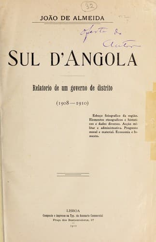 Sul d'Angola: relatório de um govêrno de distrito (1908-1910).