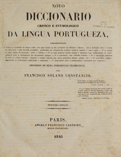 Novo diccionario critico e etymologico da lingua portugueza ...: precedido de huma introducção grammatical