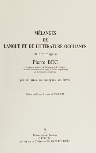 Mélanges de langue et de littérature occitanes en hommage à Pierre Bec
