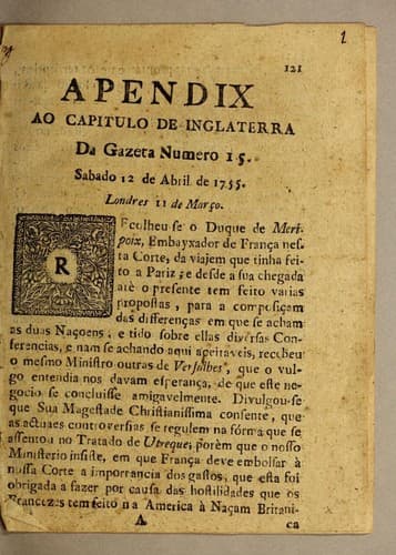 Apendix ao capitulo de Inglaterra da Gazeta numero 15: Sabado 12 de abril de 1755