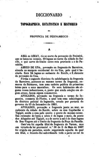Diccionario topographico: estatistico e historico da provincia de Pernambuco