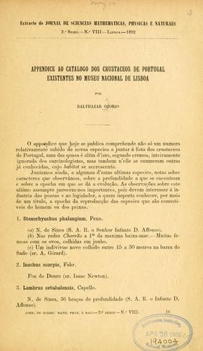 Appendice ao catalogo dos crustaceos de Portugal existentes no Museu Nacional de Lisboa