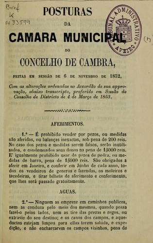 Posturas da Camara Municipal do Concelho de Cambra, feitos em sessão de 6 de novembro de 1852