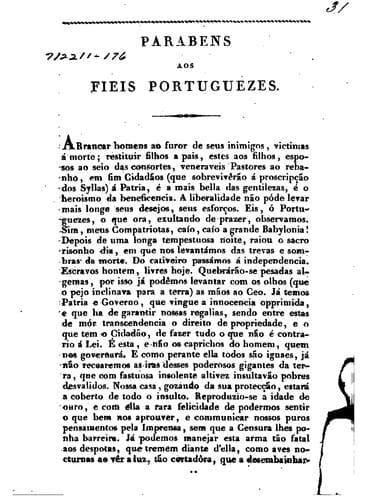 Parabens aos fieis portuguezes pelo seu heroico resgate: e para que seja duradouro e consolidado o nosso pacto social, se insinuão os meios