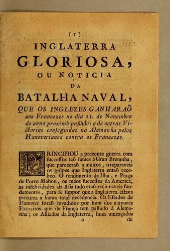 Inglaterra gloriosa, ou noticia da batalha naval, que os Inglezes ganharaõ aos Francezes no dia 21. de novembro do anno proximè passado: e de outras victorias consequidas na Aleman ha pelos Hanoverianos contra os francezes