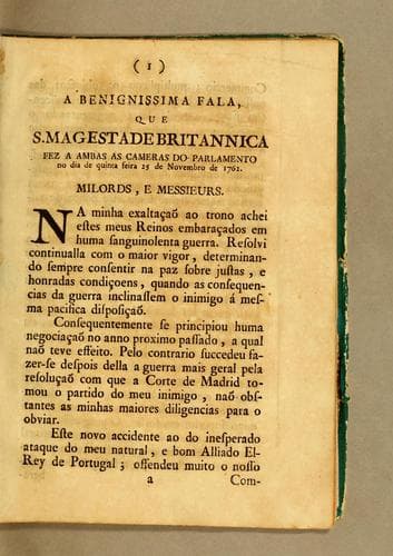 A benignissima fala, que S. Magestade Britannica fez a ambas as Cameras do Parlamento no dia de quinta feira 25 de novembro de 1762
