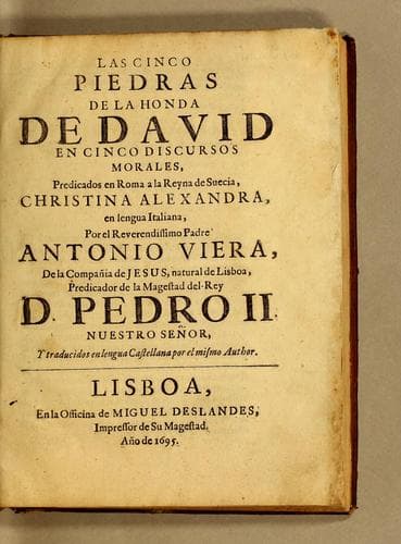Las cinco piedras de la honda de David en cinco discursos morales, predicados en Roma a la reyna de Suecia, Christina Alexandra, en lengua italiana