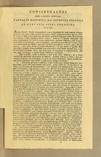 Considerącões sobre o folheto intitulado narrącão historica da conducta politica de Gervazio Pires Ferreira por ****