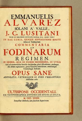 Emmanuelis Alvarez Solani à Valle, J.C. Lusitani olim in Helvensi civitate patria sua, nunc verò in hac curia, ejusque supplicationis senatu advocati celeberrimi. Commentaria ad fodinarum regimen: in quibus, quÆ de fodinis necessaria, ac utilia sunt ad controversias forenses decidendas, plenè discutiuntur, multaque alia obiter explanatur, prout elenchus materiarum, omniumque gnomologia indicant.  Opus sane advocatis, caeterisque in foro versantibus admod'um utile