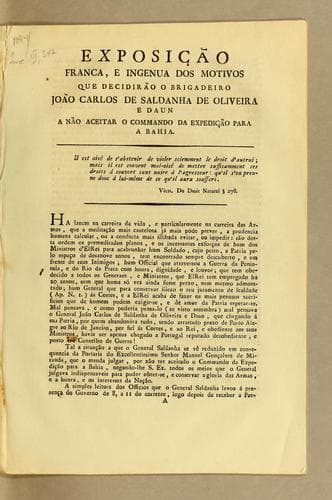 Exposįcão franca, e ingenua dos motivos que dedicirão o brigadeiro João Carlos de Saldanha de Oliveira e Daun a não aceitar o commando da expedįcão para a Bahia