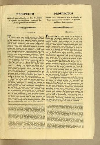 Prospecto dedicado aos habitantes do Rio de Janeiro, e lugares circumvisinhos, amantes das folhas publicas interessantes. = Prospectus adressé aux habitants de Rio de Janeiro et lieux circonvoisins amateurs de feuilles publiques intèressantes
