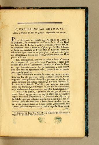 Experiencias chymicas, sobre a quina do RIo de Janeiro comparada com outras