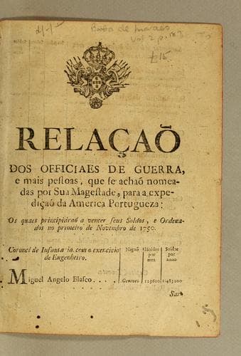 Relącaõ dos officiaes de guerra: e mais pessoas, que se achaõ nomeadas por Sua Magestade, para a expedįcaõ da America Portugueza: ..