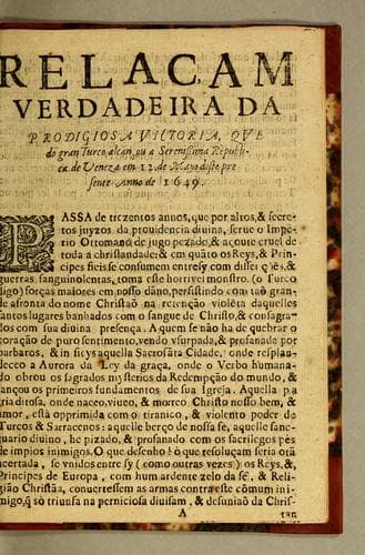 Relaçam verdadeira da prodigiosa victoria, que do gran turco alcançou a serenissima Rèpublica de Veneza em 12. de mayo deste presente anno de 1649