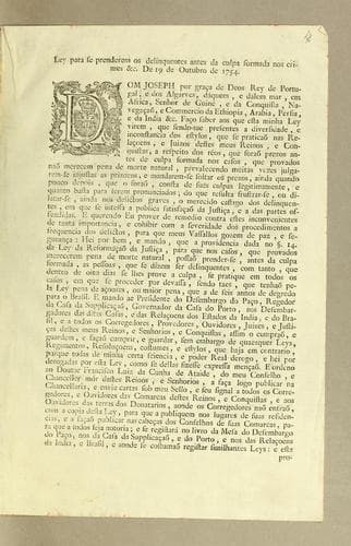 Ley para se prenderem os deliquentes antes da culpa formada nos crimes &c: De 19 de Outubro de 1754