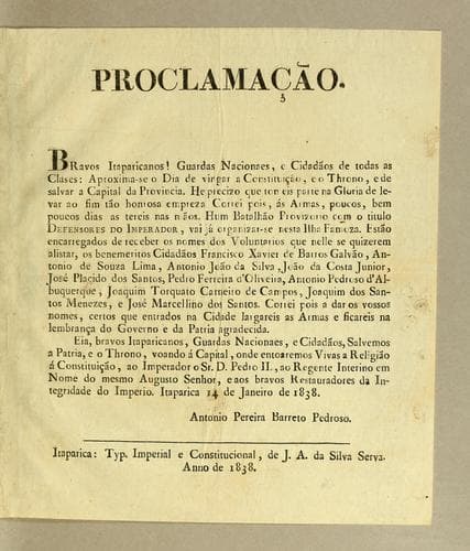Proclamação. Bravos Iraparicanos! Guardas Nacionaes, e cidadãos de todas as clases ..