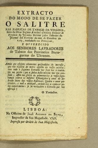 Extracto do modo de se fazer o salitre nas fabricas de tabaco da Virginia, feito da obra ingleza A method of making saltpeper in Virginia