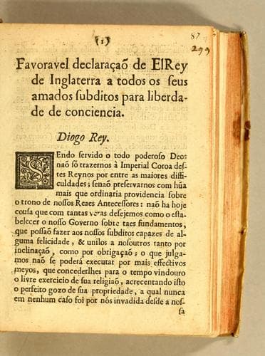 Favoravel declaraçaõ de elrey de Inglaterra a todos os seus amados subditos para liberdade de conciencia