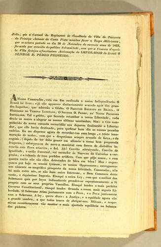 Falla, que o coronel do Regimento de Cavallaria da Villa do Paracatú do Principe Antonio da Costa Pinto mandou fazer a Tropa Milicianna: que se achava postada no dia 30 de novembro do corrente anno de 1822, formada por accazião da publica solemnidade, com que a Camara d'aquella Villa festejou a faustissima acclamação do imperador do Brazil o senhor D. Pedro Primeiro
