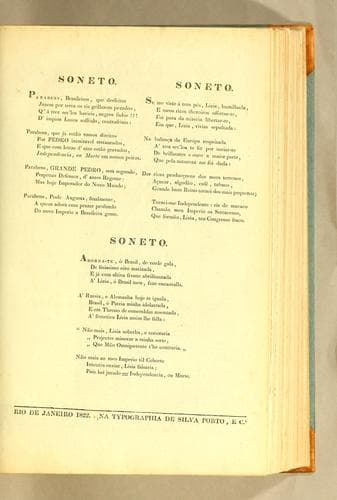 Soneto: Parabens, brasileiros, que desfeitos jazem por terra os vis grilhoens pezados, q'á trez sec'los havieis, negros fados!!! D'impios lusos soffrido, contrafeitos: ..