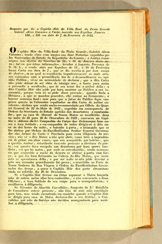 Resposta que dá o capitão mór da Villa Real da Praia Grande Gabriel Alves Carneiro á carta inserida nos Espelhos numero 130, e 131 em data de 7 de fevereiro de 1823