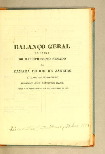 Balanço geral da caixa do illustrissimo senado da Camara do Rio de Janeiro a cargo do thesoureiro Francisco José Rodrigues Filho, desde 7 de fevereiro de 1824 até 19 de maio de 1825