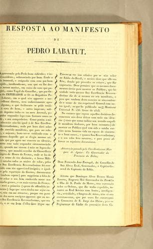 Resposta ao manifesto de Pedro Labatut: Apparecendo pelo prelo hum ridiculo; e incivil manifesto, substanciado por hum frade o mais immoral, e assignado com cruz por hum estupido, insultando-me, sem que eu lhe desse o menor motivo, em razão do voto que publiquei, como Vogal do Conselho, ..