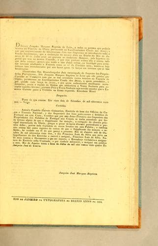 Declara Joaquim Marques Baptista de Leão, a todas as pessoas que pedirão terreno na Fazenda da Olaria pertencente ao excellentissimo Conde dos Arcos: e que por conssentimento [sic] do illustrissimo Juiz dos Sequestros se introduzirão nella e fizerão bemfeitorias, ..