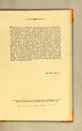 O annuncio n. 18, do Diario n. 13, em resposta ao de João Gomes Barrozo, he huma continuação do constante, e depravado comportamento, que Diogo teixeira de Macedo, tem tido com seus credores, a quem elle, com a maior hypocrizia, illudio, para lhes sacar dinheiro, e agora, nem paga nem quer largar os bens que se lhe penhorarão, ..