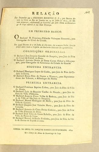 Relação dos despachos que o Principe Regente N.S., por decreto datado na córte do Rio de Janeiro em 24 de julho de 1815, foi servido promover: confirmando as consultas que pela meza do desembargo do paço subírão á sua Real presença