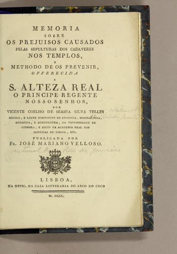 Memoria sobre os prejuisos causados pelas sepulturas dos cadaveres nos templos: e methodo de os prevenir, offerecida a S. alteza real o principe regente nosso senhor