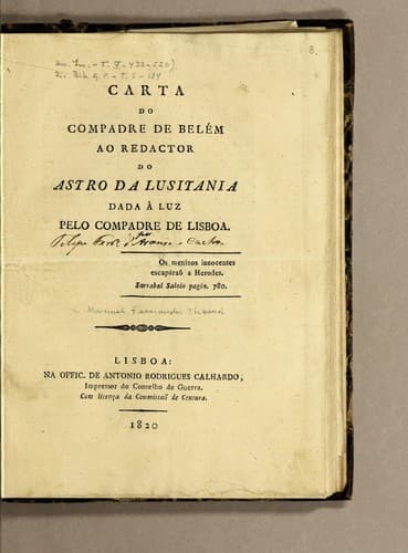 Carta do Compadre de Belém ao redactor do Astro da Lusitania dada á luz pelo Compadre de Lisboa