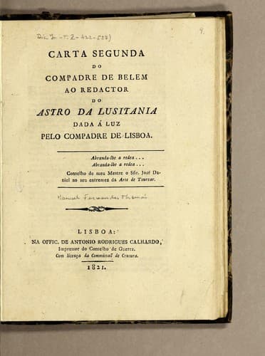 Carta segunda do Compadre de Belem ao redactor do Astro da Lusitania dada á luz pelo Compadre de Lisboa