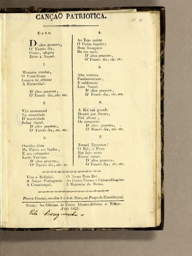 Cançao patriotica: Coro. D'altos prazeres, ó fausto dia, gosto, alegria déste á naçaǒ