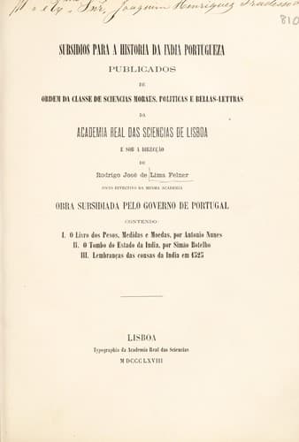 Subsidios para a historia da India portugueza: publicados de ordem da Classe de sciencias moraes, politicas e bellas-lettras da Academia real das sciencias de Lisboa