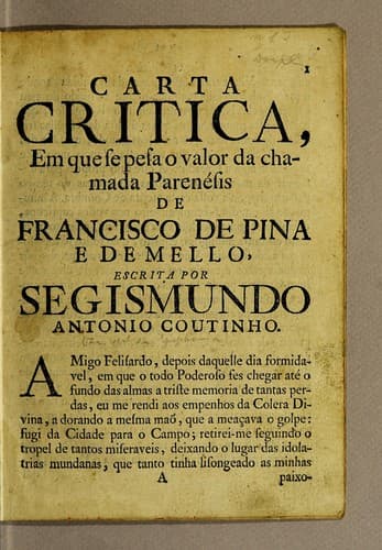 Carta critica: em que se pesa o valor da chamada Parenésis de Francisco de Pina e de Mello