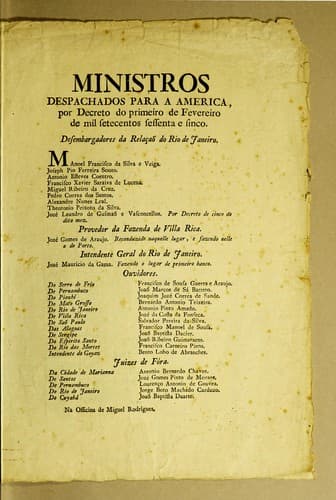 Ministros despachados para a America: por decreto do primeiro de fevereiro de mil setecentos sessenta e sinco