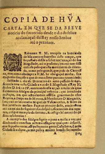 Copia de hu[m]a carta, em que se da breue noticia do succecido desde o dia da felice acclamaçaõ del Rey nosso senhor atè or prezente